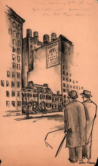 " - a clearing site for an apt. hotel - soon as we can tear these down - " [pub - "I wonder who lived in those old shacks before the neighborhood was improved."]