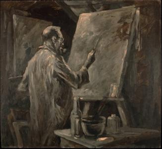 Untitled [artist painting at easel, smoking a pipe]