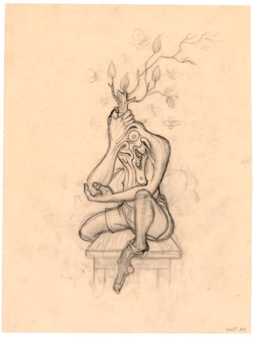 Seated figure with plant growing from its head ("As I See")