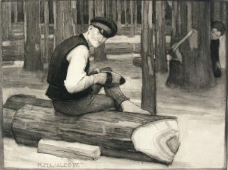 [Woodcutter removing something from his shoe]