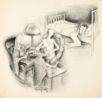 No caption (Two women seated, one woman kneeling by a bed)