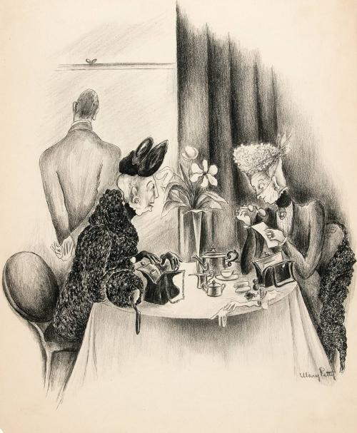 No caption (Two women seated at table, man standing in background)