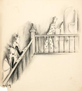 No caption (Two maids and a man on stairs)