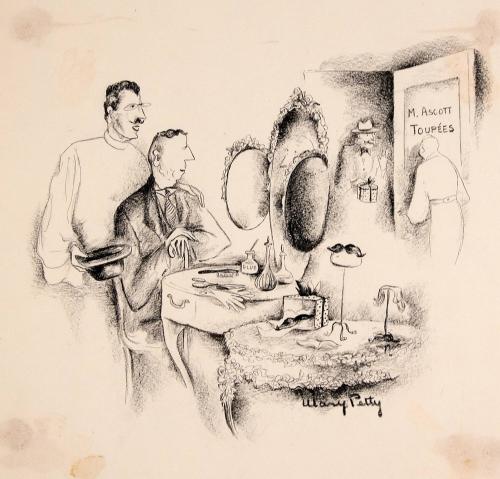 "Four male figures at "Mascott Toupees" shop"