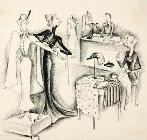 No caption (Four women in a tailor shop)