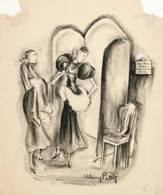 No caption (Two women standing by a mirror)