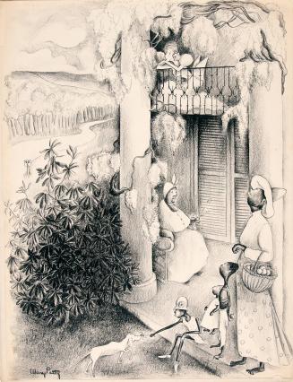 No caption (Figures by exterior of house, three women and 3 children)
