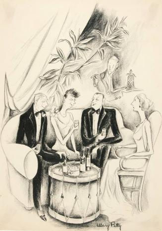 No caption (Four seated figures with waiter)