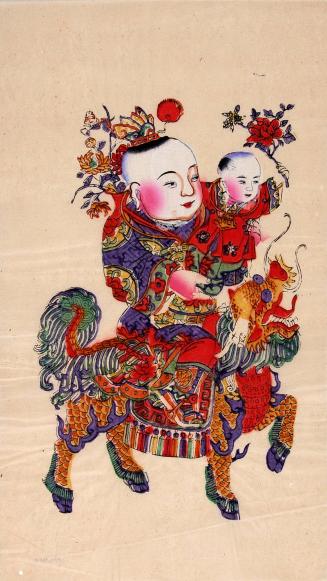 Mother and child riding a dragon - left panel