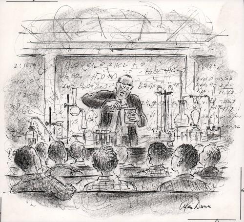 "Now, when we take three hundred millilitres of  a compound containing hydrogen and oxygen in a ratio of two to one and add three millilitres of an eight-hundredths percent stannous-fluoride solution, and fifty millilitres of treated industrial wastes and solids, we get drinking water."