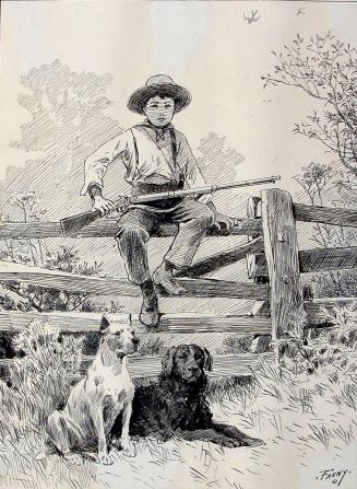 Boy on Fence Holding a Rifle, with Two Dogs
