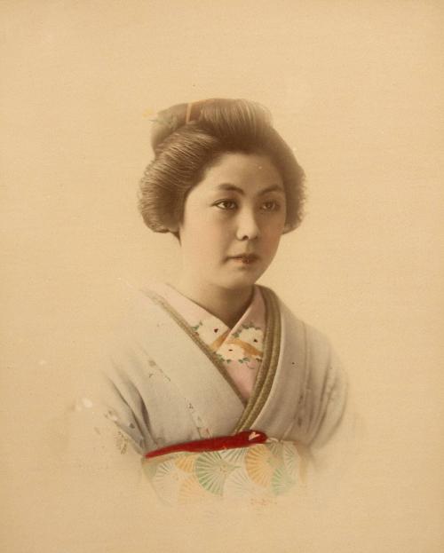 [Portrait of a woman in green and pink kimono]