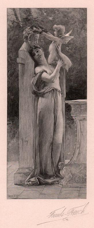 [Maiden and Cupid placing crown on statue]