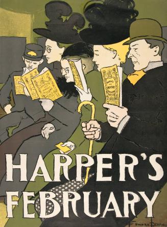 Five figures riding on a train, reading Harper's Magazine- February 1898
