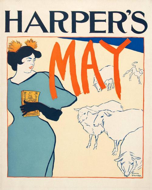 Woman in a blue dress observing sheep, May 1895, Harper's Magazine