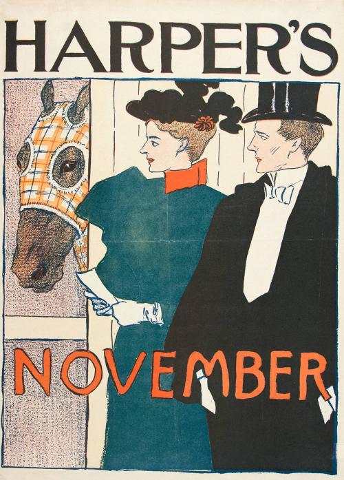 Man and Woman looking at a racehorse, November 1895, Harper's Magazine