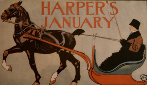 Man riding in a horse-drawn sleigh, January 1899, Harper's Magazine