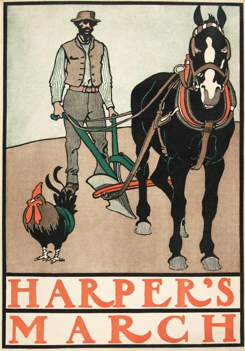 Rural scene- man with horse, plow and rooster, March 1899, Harper's Magazine