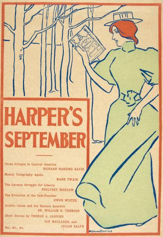 Woman in green dress reading Harper's Magazine in a wooded setting, September 1895, Harper's Magazine;