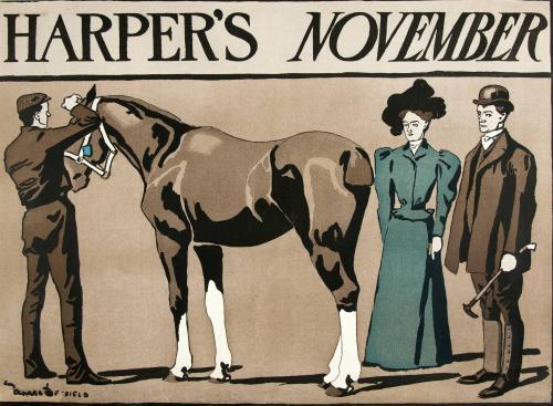 Man, woman, and groom with horse, November 1897, Harper's Magazine