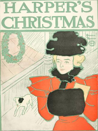 Woman in red dress wearing a black hat with white dog, Christmas 1896, Harper's Magazine