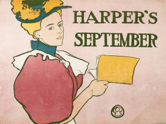 Woman in pink holding an open book, September 1896, Harper's Magazine