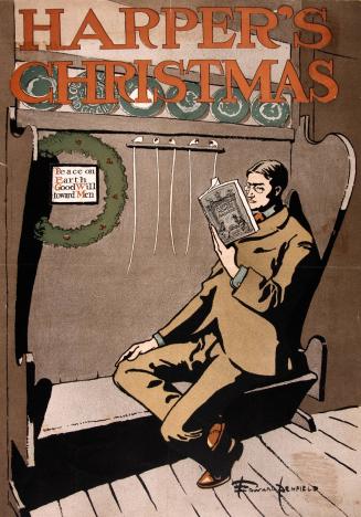 Man reading on benchseat with piperack, Christmas 1897, Harper's Magazine