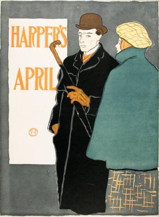 Man carrying an umbrella standing with a woman wearing a green cape, April 1896, Harper's Magazine