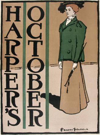 Woman wearing a green jacket and a long brown skirt, October 1897, Harper's Magazine
