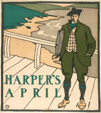 Man wearing a green suit standing on a bridge, April 1899, Harper's Magazine