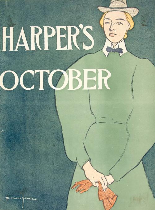 Blonde woman wearing a green dress holding gloves, October 1896, Harper's Magazine