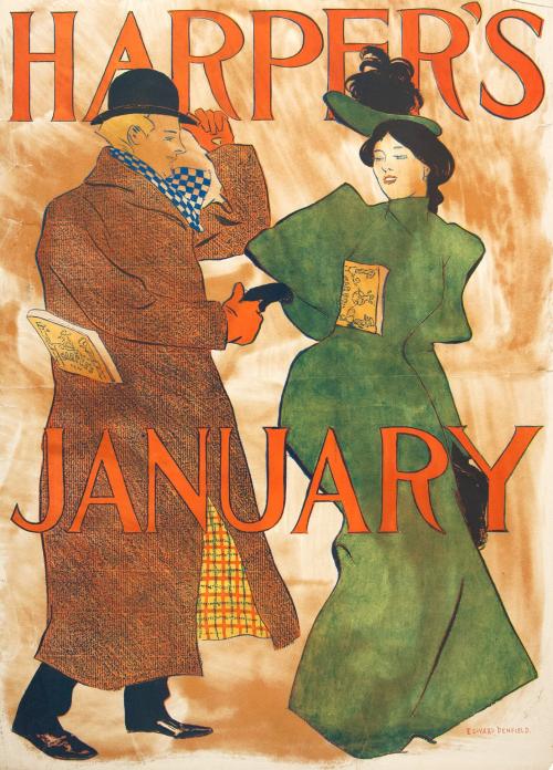 Man tipping his hat to a woman wearing a green dress, January 1895, Harper's Magazine