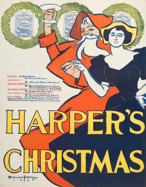 Father Christmas dancing with woman wearing a blue dress, Christmas 1895, Harper's Magazine