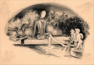 No caption (Man in evening dress soaking feet in fountain)
