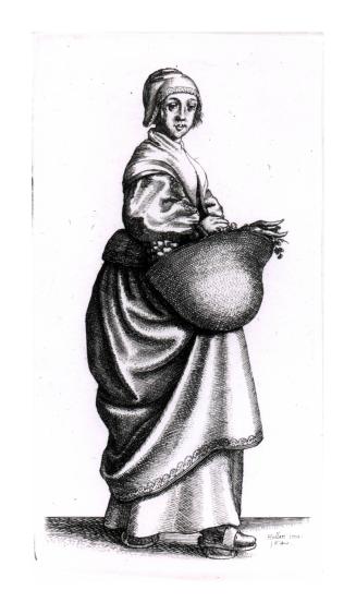 Countrywoman with clogs and basket of farm produce