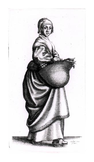 [Countrywoman with clogs and basket of farm produce]