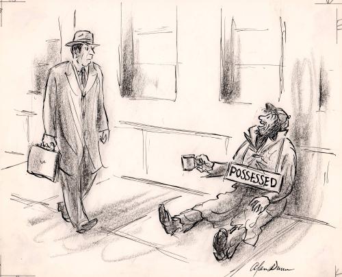 [Man with "Possessed" sign around his neck]