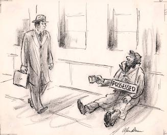 [Man with "Possessed" sign around his neck]