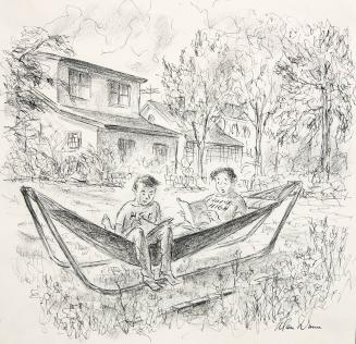 No caption (Two boys on a hammock)