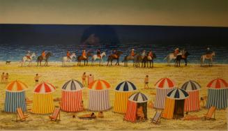 Beach scene with cabanas in foreground, horses in background
