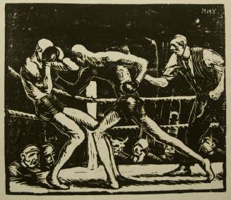 Two Boxers Fighting in the Ring While Referee and Spectators Look On.