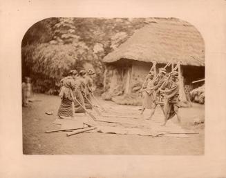 [Three men and three women, threshing rice]