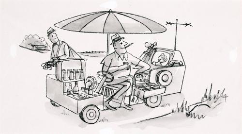 [Golfer in customized cart with TV and wet bar]