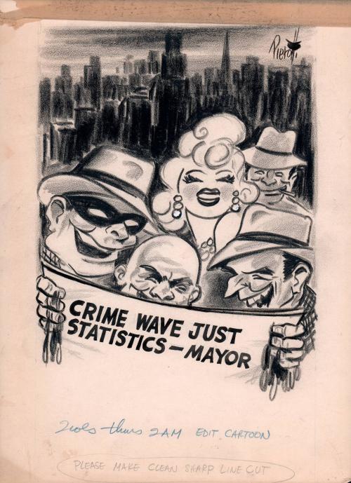 no caption (Criminals reading newspaper headline "CRIME WAVE JUST STATISTICS - MAYOR")