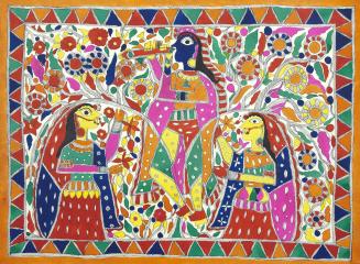 Fluting Krishna with Two Gopis