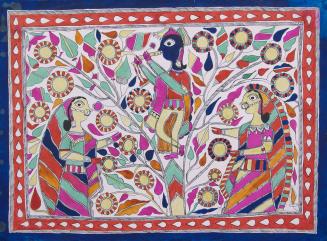 Fluting Krishna in Tree with Two Gopis
