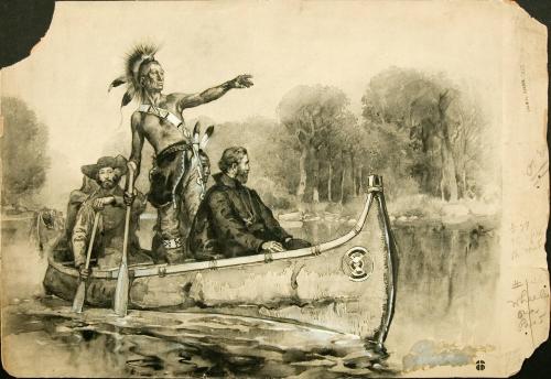 Pere Marquette and Louis Joliet being guided by an Indian on their mapping expedition of the Mississippi valley