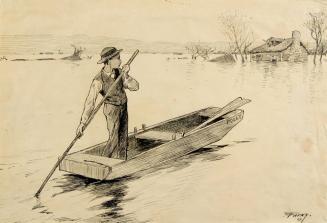 Young man poling boat during flood