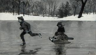 Boy pulling girl on sled