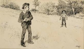 Two boys playing ball in field